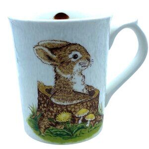 Vtg Otagiri Japan Mushrooms Cottagecore Rabbit Tree Trunk Mug Cup Ivory Stone